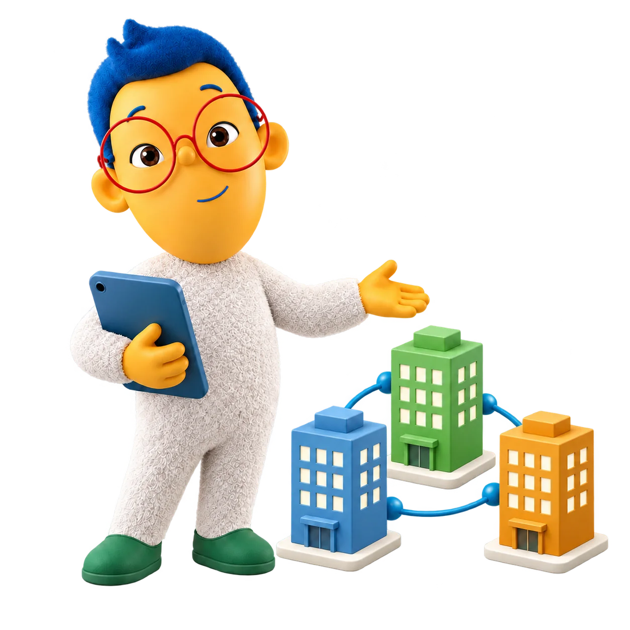 The wHRMS mascot presents three connected office branches while holding a tablet.